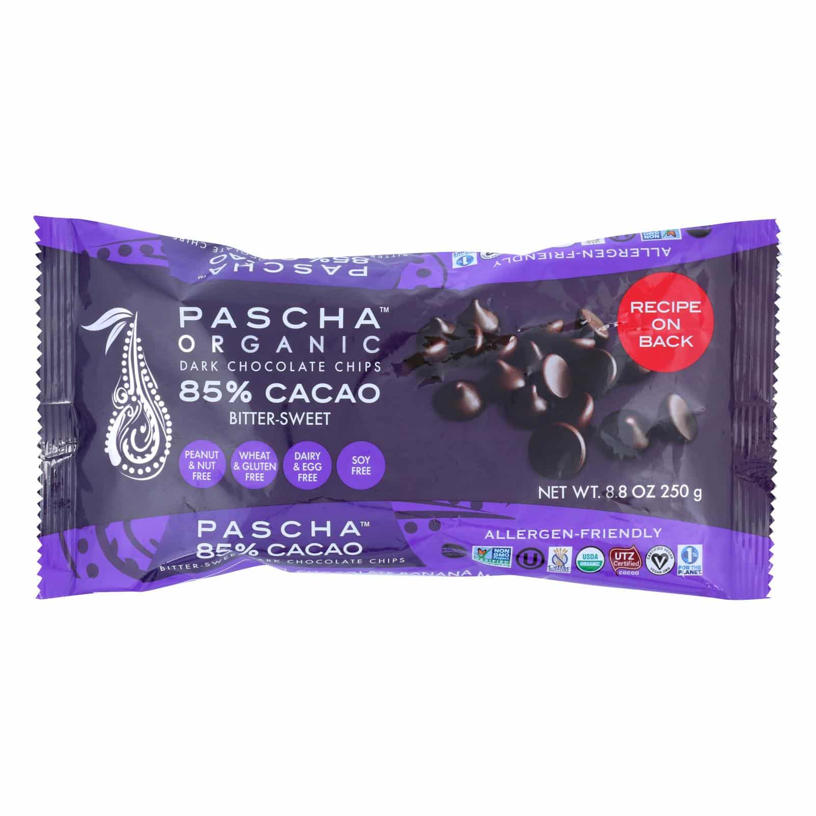 Pascha Organic Chocolate Chips -Bitter-Sweet Dark 85% - Case Of 6 - 8.8 Oz