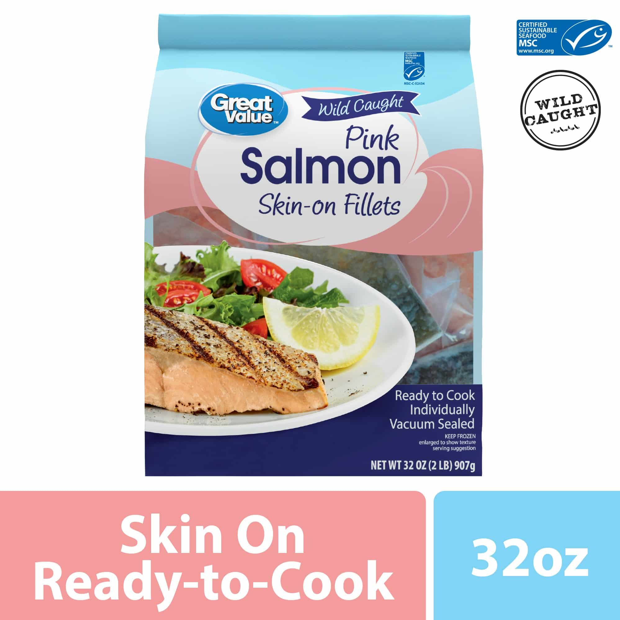 Great Value Frozen Wild Caught Pink Salmon Skin-On Fillets