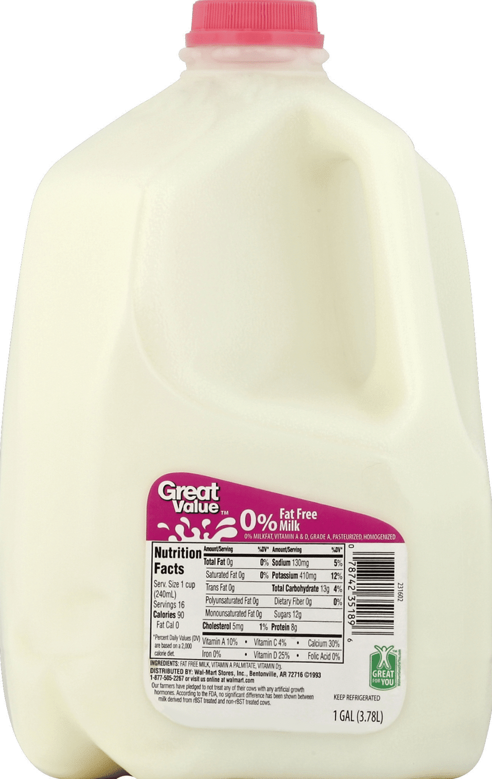 Great Value Milk 1 Gl Milk, Fat Free, 0% Milkfat