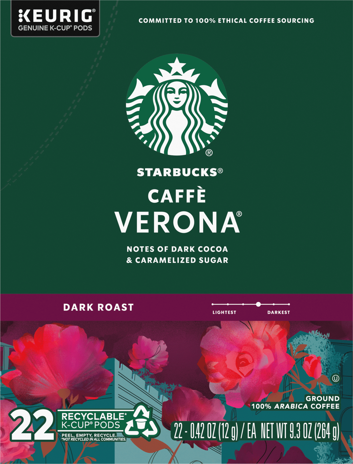 Starbucks Ground Dark Roast K-Cup Pods Caffe Verona Coffee 22 Pods