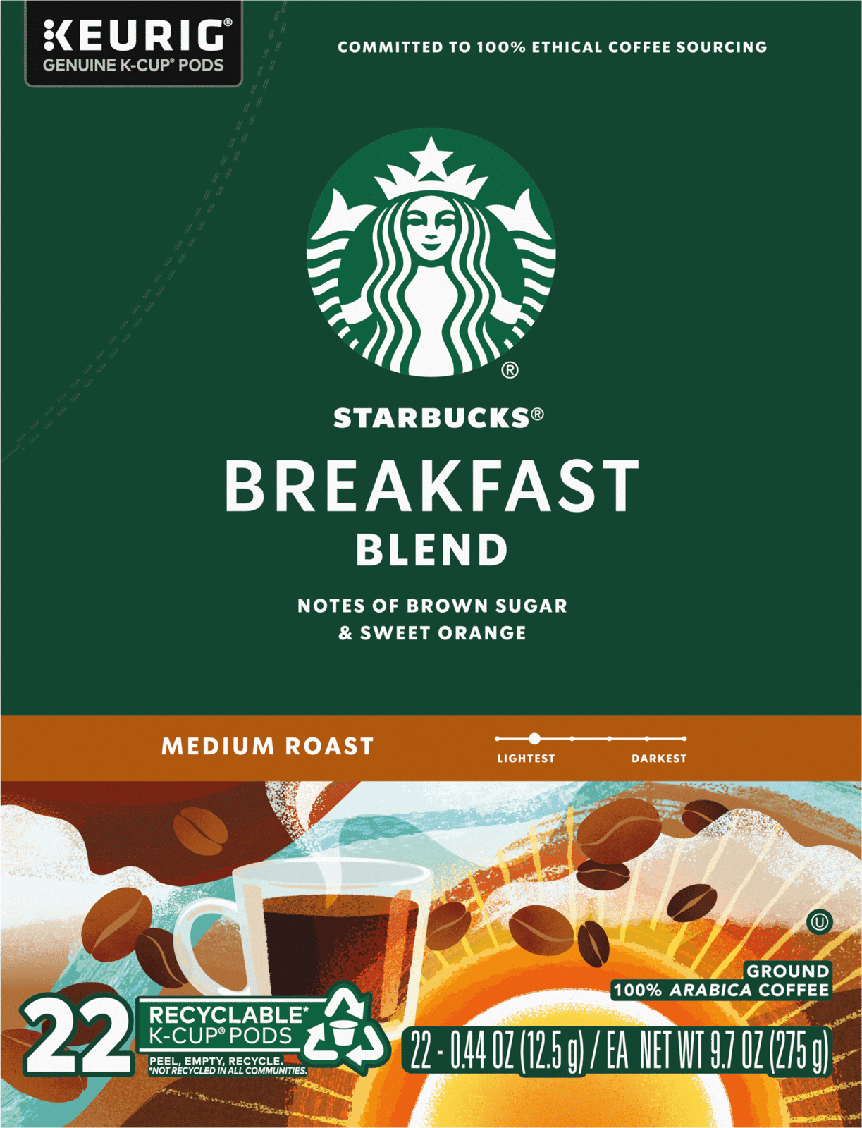 Starbucks Ground Medium Roast K-Cup Pods Breakfast Blend Coffee 22 Pods