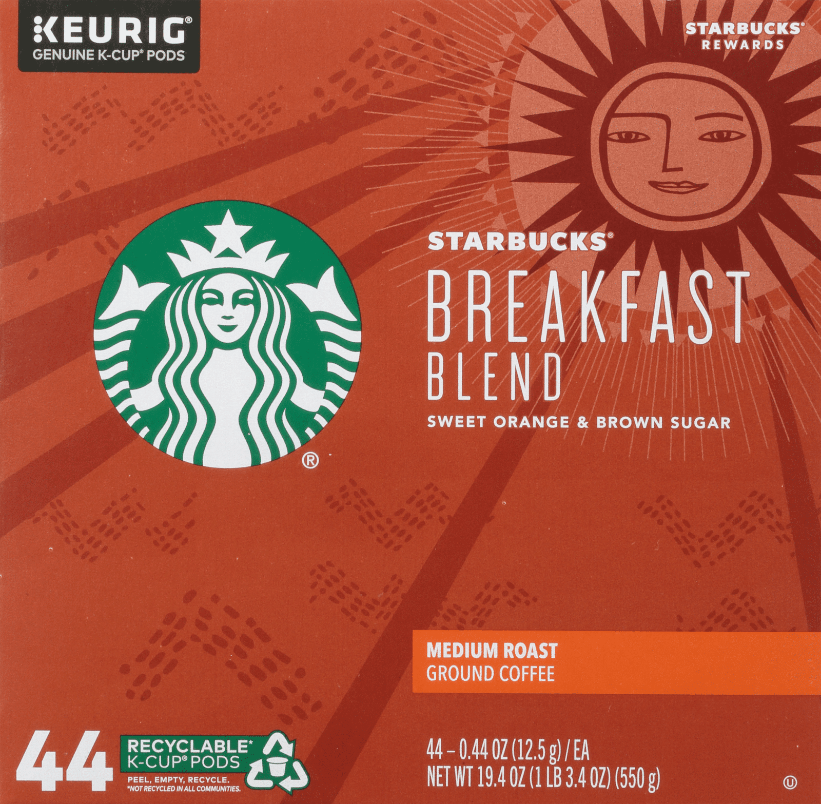Starbucks K-Cup Pods Medium Roast Ground Breakfast Blend Coffee 44 ea