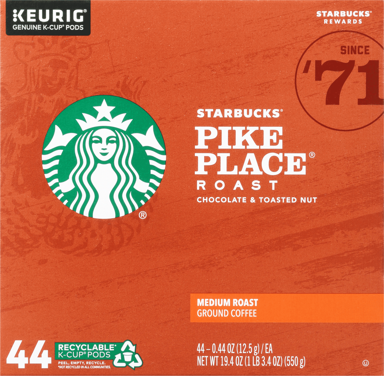 Starbucks K-Cup Pods Medium Roast Ground Pike Place Roast Coffee 44 ea